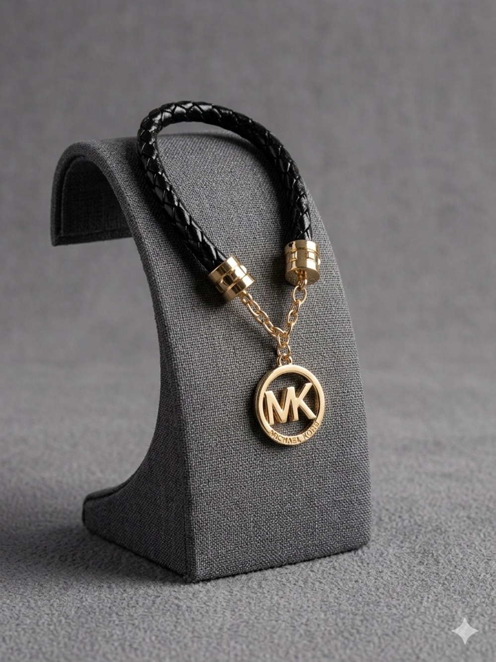 🌸 Michael Kors Black Braided Leather Bracelet with Gold MK Pendant 🌸